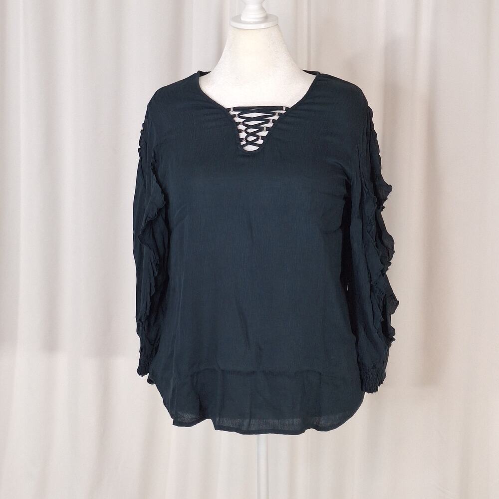 Democracy Women's Large Blue Blouse Boho Peasant Rayon Puff Sleeve Fairycore Top